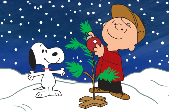 Charlie brown and snoopy setting up a christmas tree