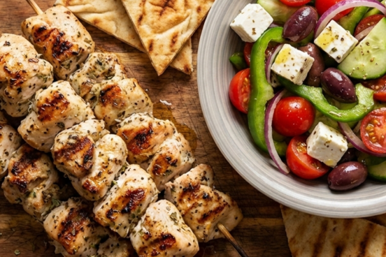 Chicken Souvlaki with Pita Bread and Greek Salad