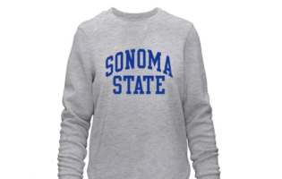 a grey pullover sweatshirt with blue writing on front saying Sonoma State