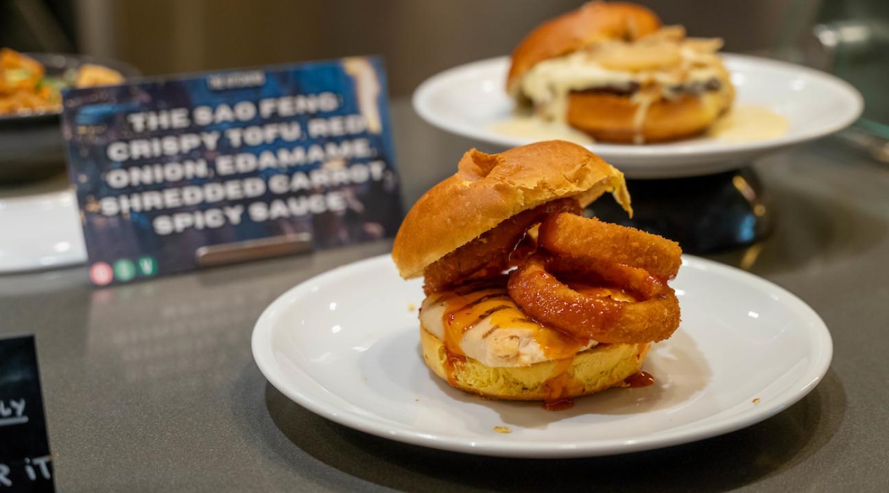 a pirate themed burger with onion rings