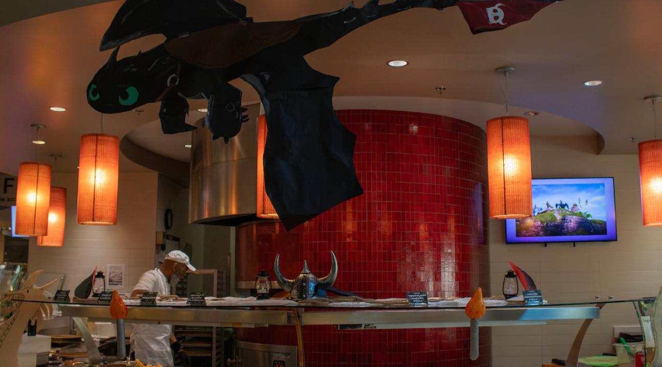 dragon cutout hanging over venue