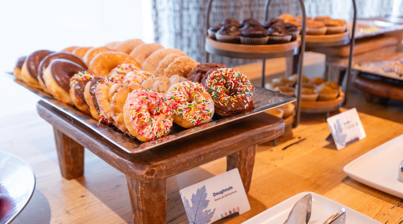 Doughnuts and pastries on display 