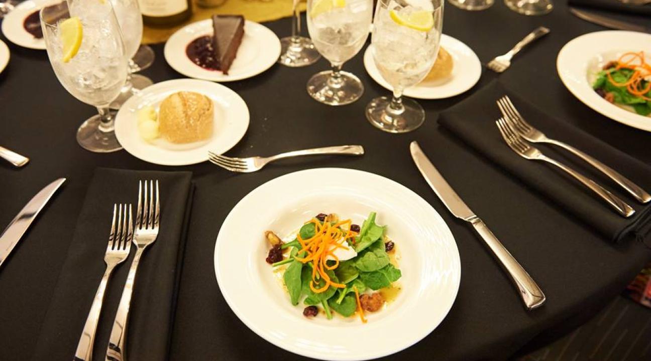 Full service sit down catered meal of salad and dessert for courses