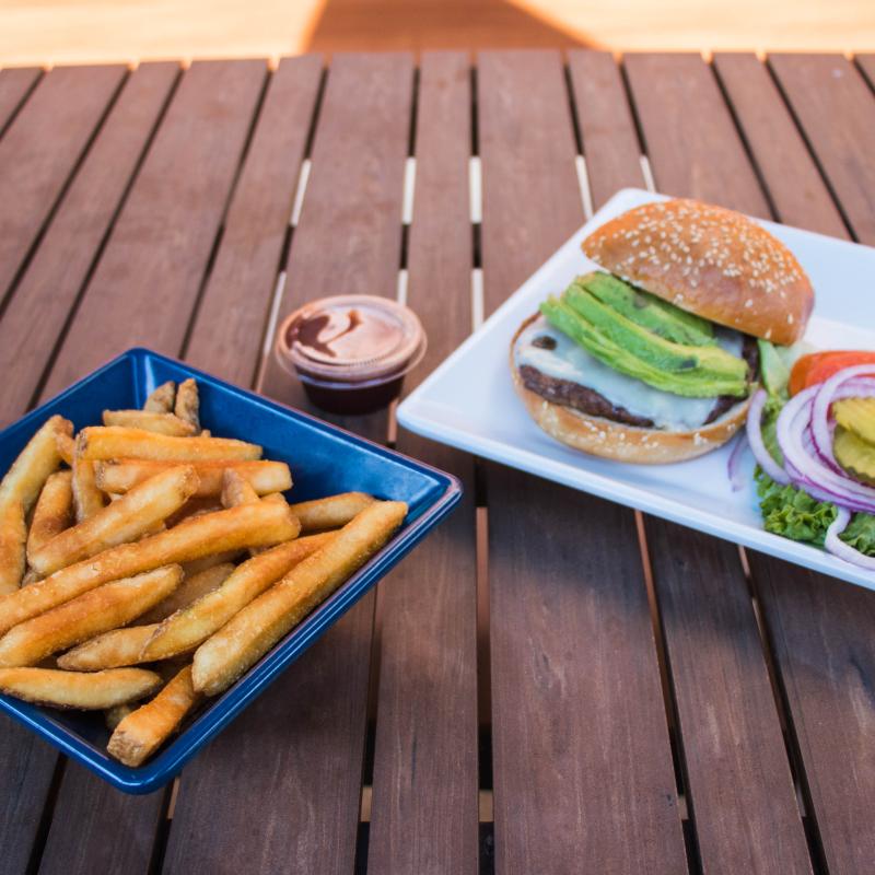 Burger and fries on a plate