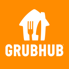 Grubhub logo, a silhouette of a house overlaid with a knife and fork 