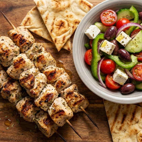 Chicken Souvlaki with Pita Bread and Greek Salad
