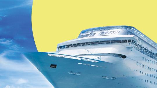 Cruise ship with sun in the background
