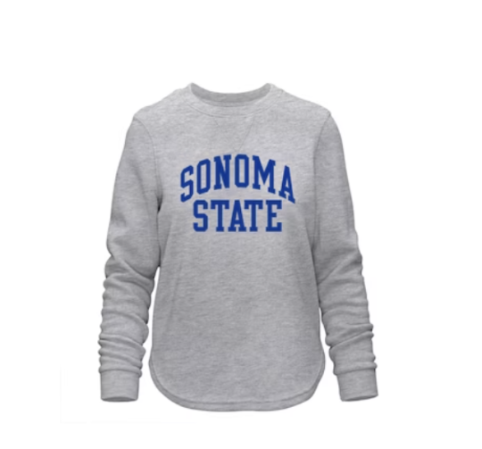 a grey pullover sweatshirt with blue writing on front saying Sonoma State