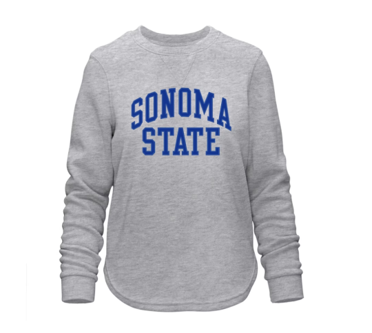 a grey pullover sweatshirt with blue writing on front saying Sonoma State