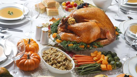 Thanksgiving meal with turkey, stuffing and green beans