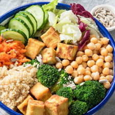 Plant forward bowl with veggies and tofu and rice