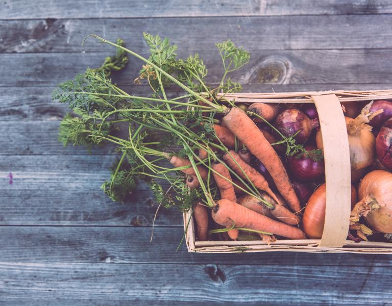 Wood basket of produce including carrots and onions on a wood background